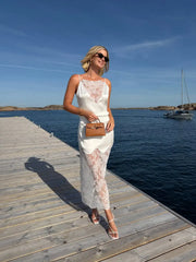 White Satin Lace Patchwork Medium Length Camisole Skirt Shoulder Straps Transparent Lace Hem Elegant Seaside Vacation Long Skirt