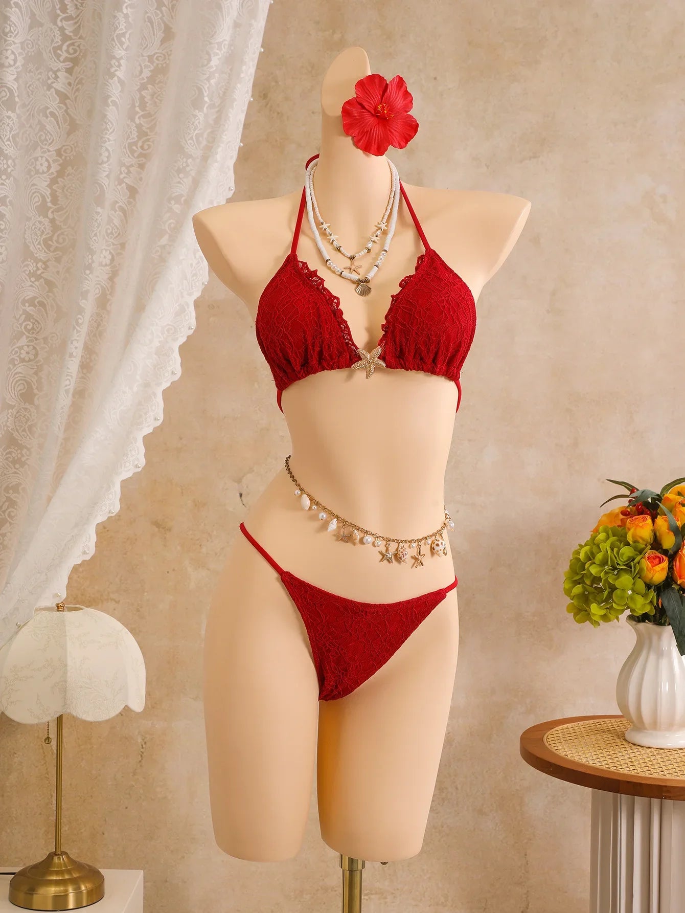 Vintage Red Pleate Skirt 3 Piece Bikini Set