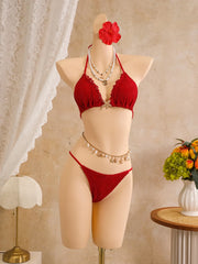 Vintage Red Pleate Skirt 3 Piece Bikini Set