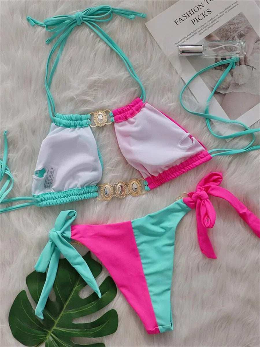 Luxury Rhinestones Splicing Bikini Set