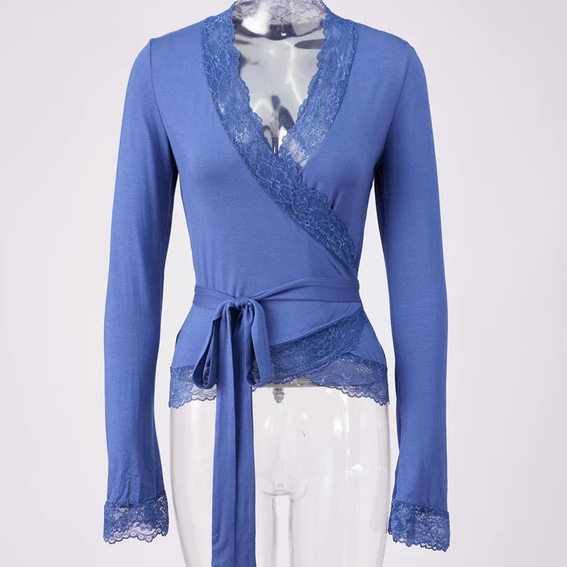 Lace Trim Wrap V Neck T-shirt