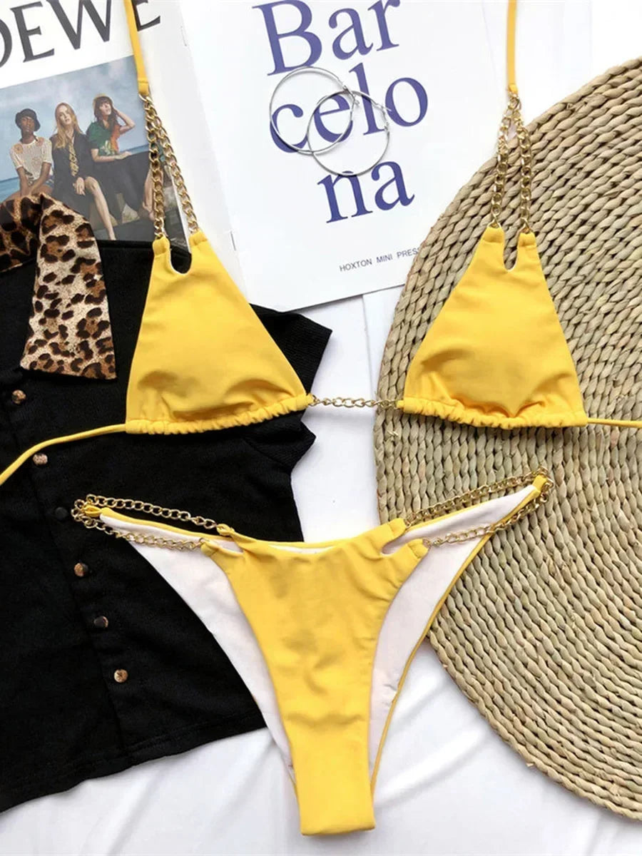Sexy Halter Metal Chains Brazilian Bikini