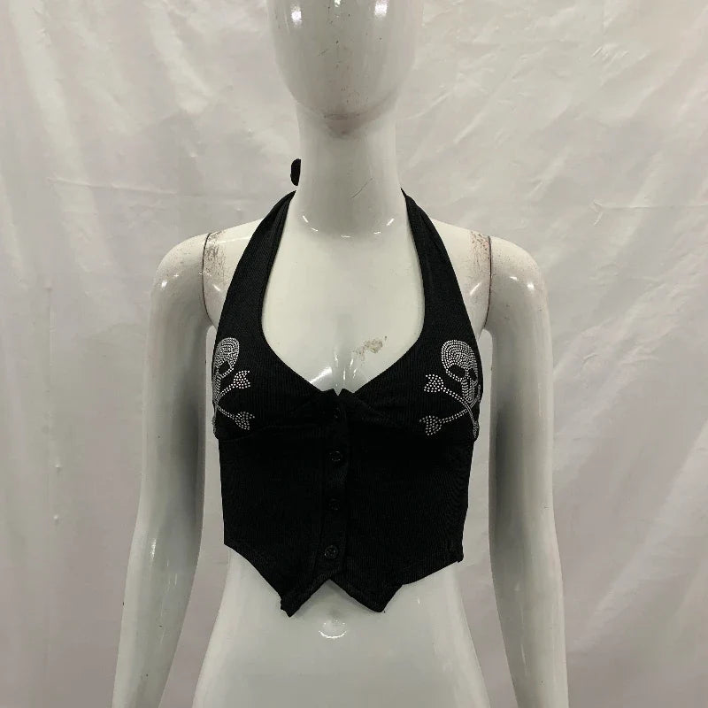 Goth Y2K Skull Rhinestone Crop Top