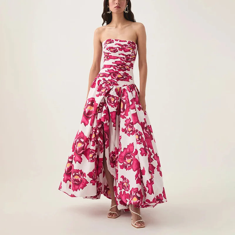 Retro Printed Strapless Brithday Dress