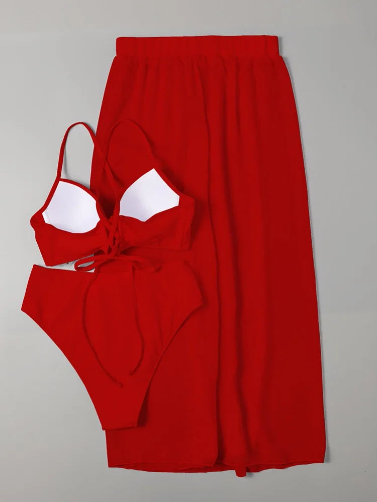 Vintage Red White Long Skirt 3 Piece Bikini Set