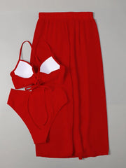 Vintage Red White Long Skirt 3 Piece Bikini Set