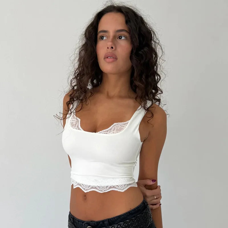 Solid Color Lace Trim Spaghetti Strap Crop Top