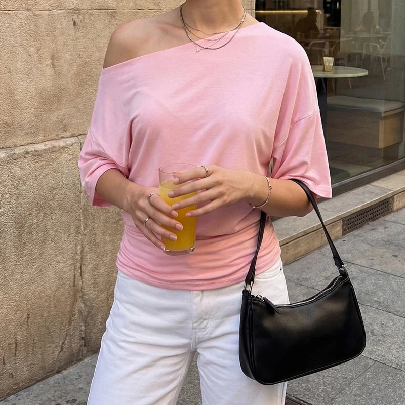 Y2K Off Shoulder Short Sleeve T-Shirt Elegant Ruched Cinched Waist Crop Top