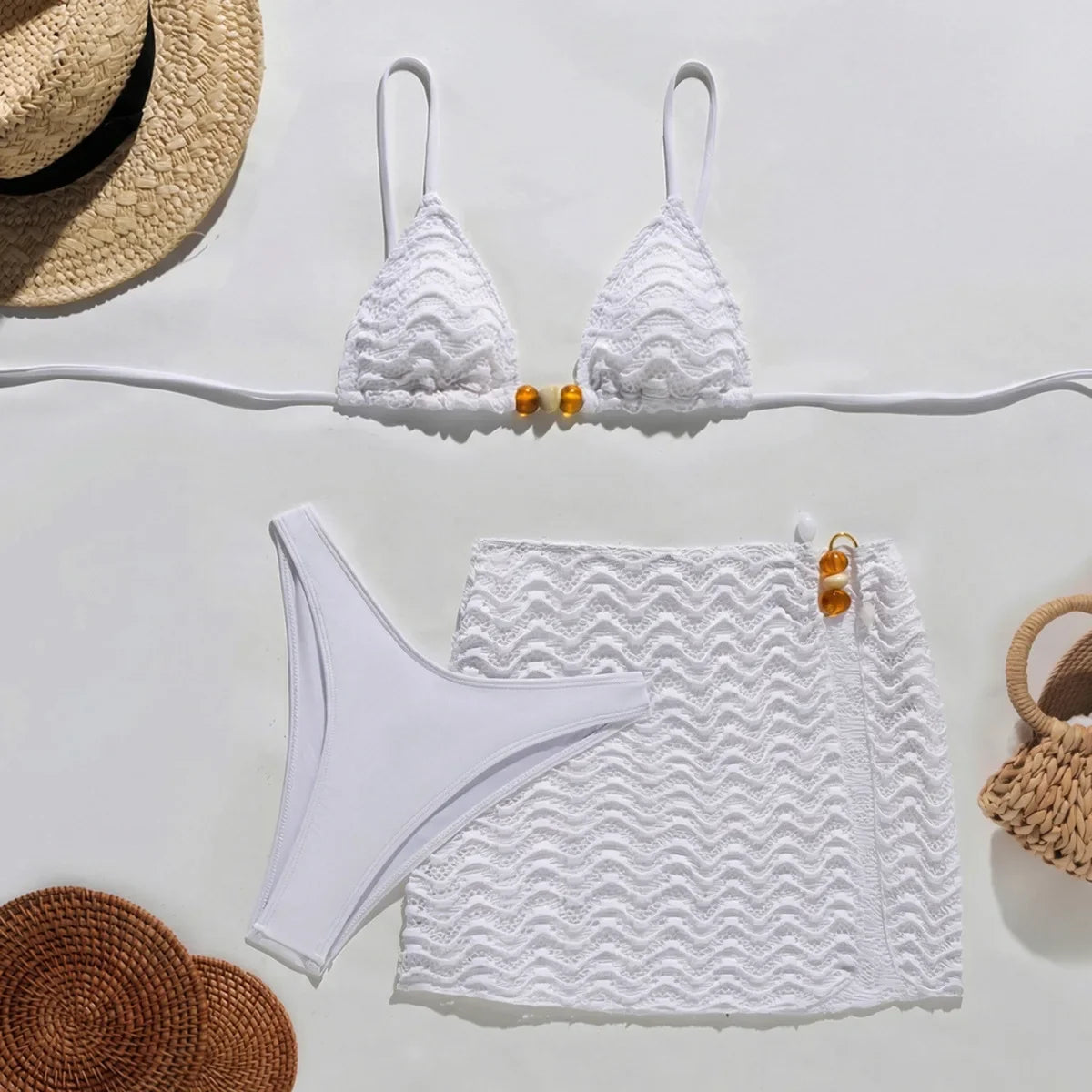 Sexy Coffee Pleate Skirt 3 Piece Swimsuit