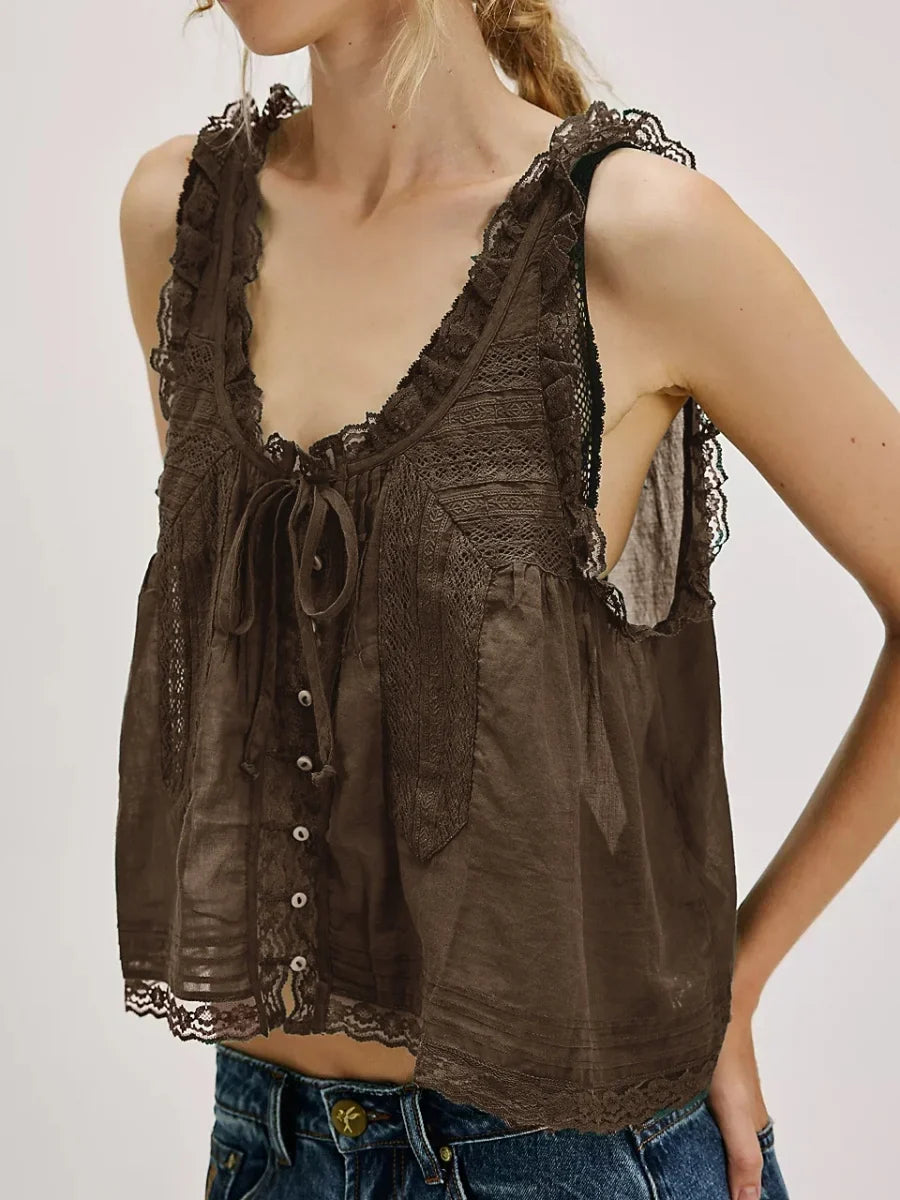 Y2K Button-up Lace Trim Patchwork Cami Tops