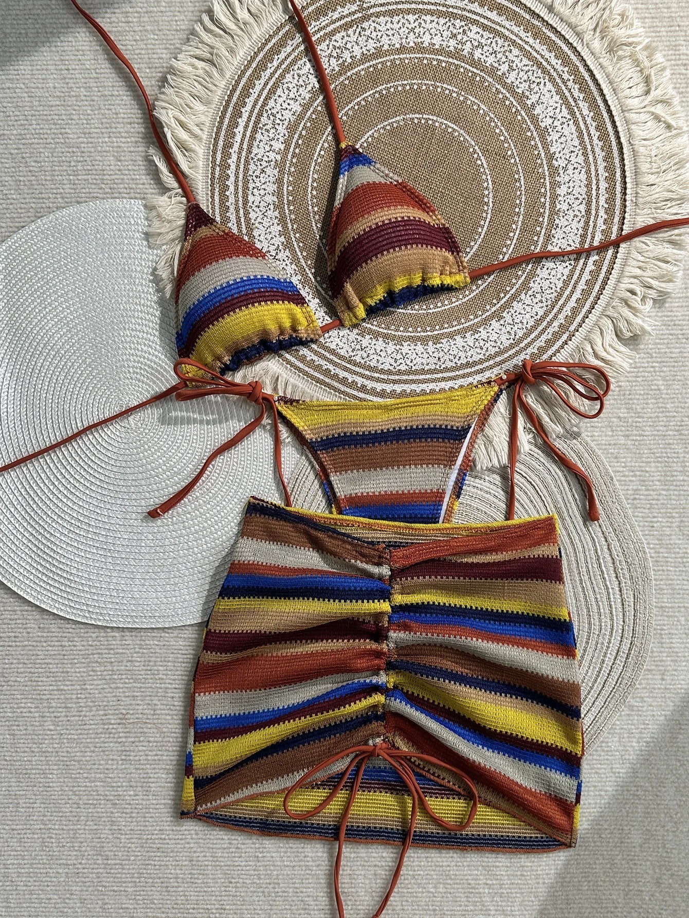 Vintage Green Striped Knitted Bikini Set