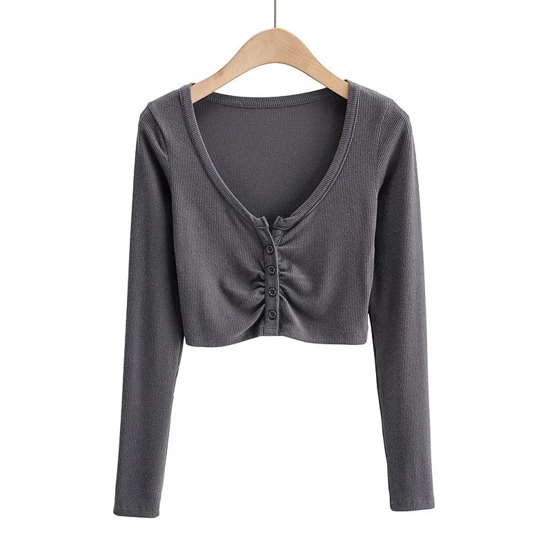 Slim V-neck Long Sleeve Bottomed Womens Tops