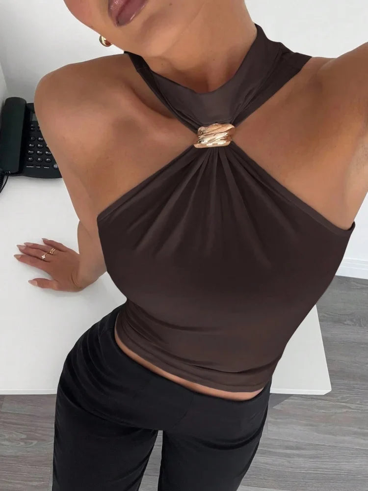 Metal Ring Decor Twist Knot Sleeveless Tank Top