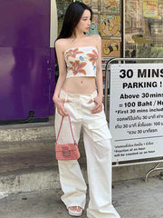 Chest Wrap Tank Camis White Slim Street Flower Print Sexy Crop Tops