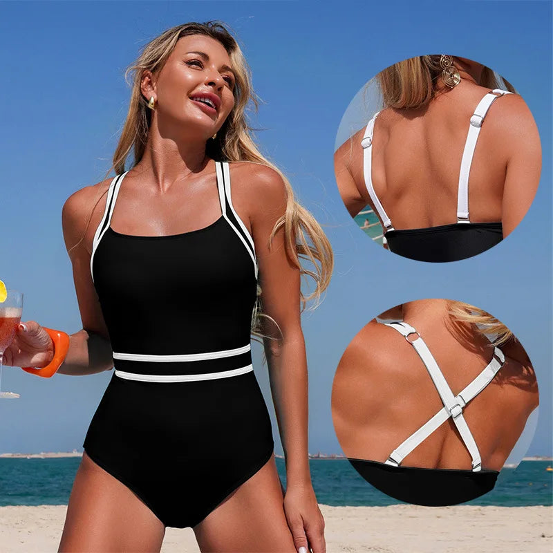 Sexy Black White Patchwork Swimwear Women Halter Back Cross Tummy Control One Piece Swimsuit