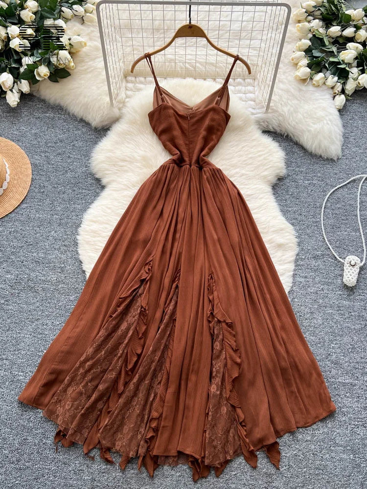 Retro Spaghetti Straps Long Dress