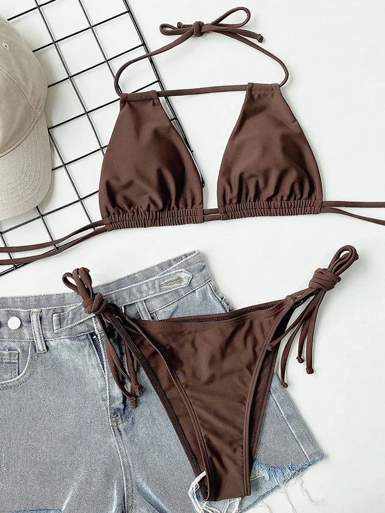 Sexy Tie Side Strappy Halter Bikini