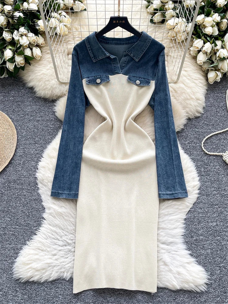 Retro Denim Splice Knit Dress