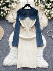 Retro Denim Splice Knit Dress