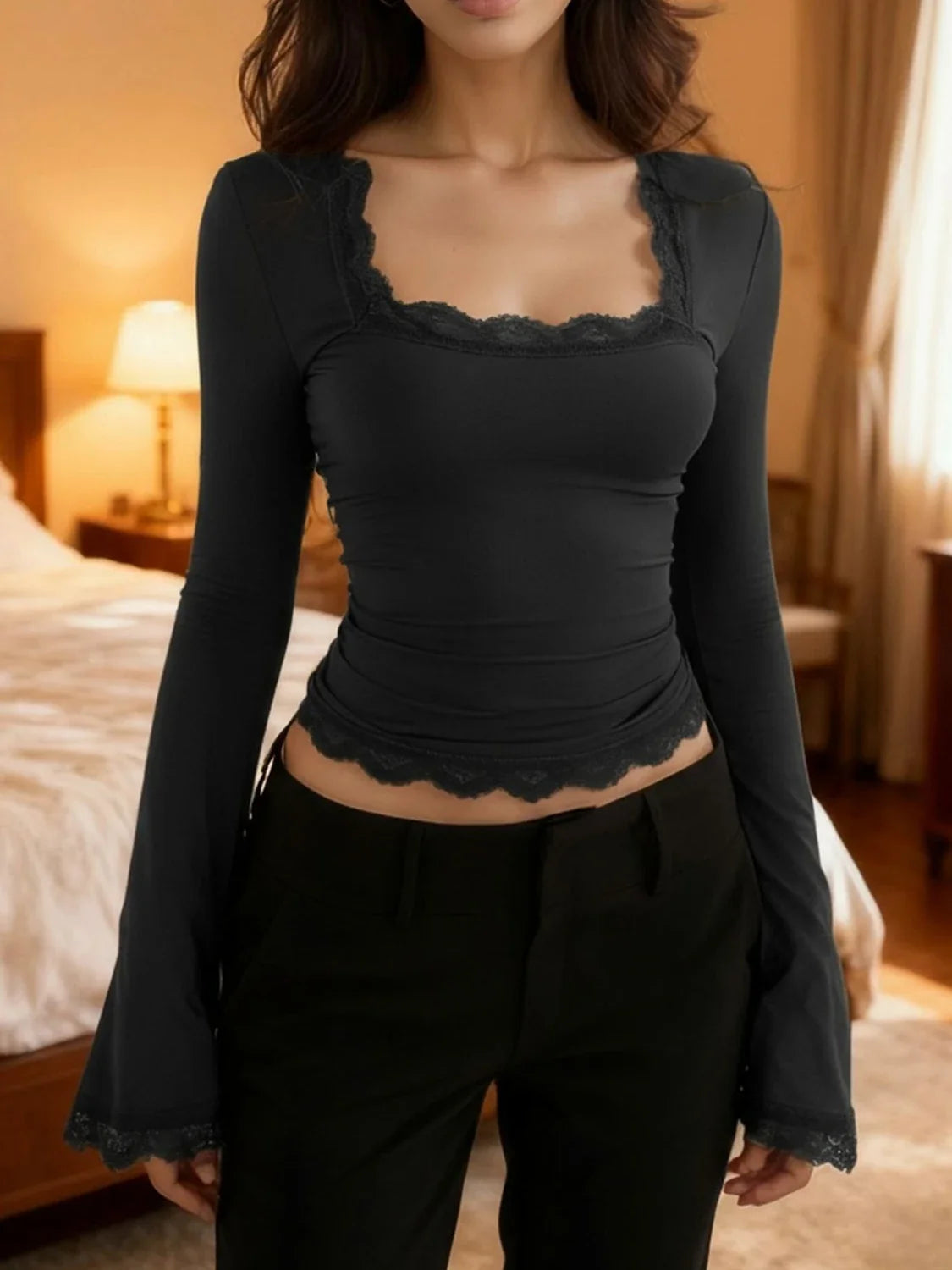 Elegant Slim Fit Flare Sleeve Cropped Top