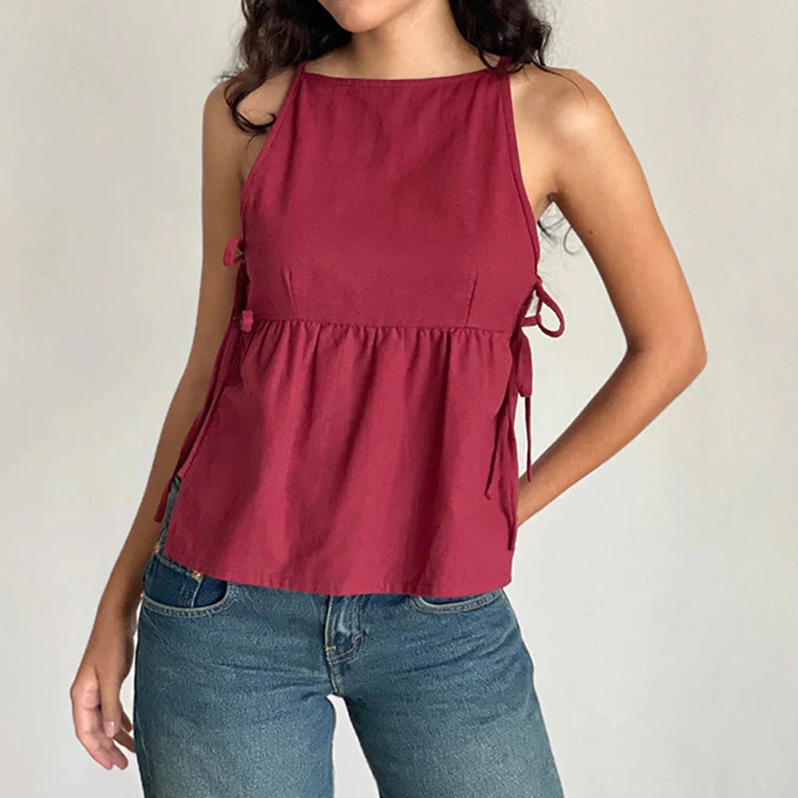 Cut Out Side Tie Up Vest Casual Loose Sleeveless Crop Top