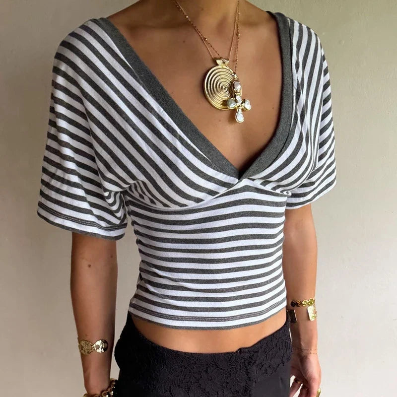 Y2K Striped Cinched Waist Crop Tops