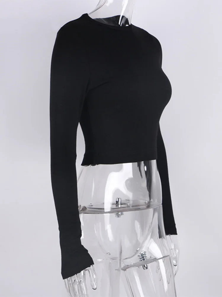O Neck Long Sleeve Shirt Ribbed Sexy Cropped Tops