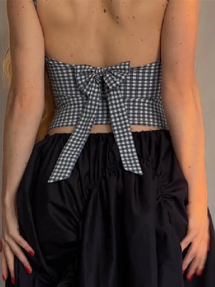 Korean Backless Plaid Print Bow Tie Sleeveless Crop Top