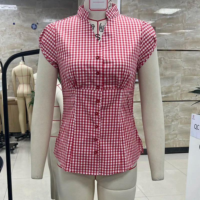 Vintage Plaid Cap Sleeve Fitted Blouse Tops