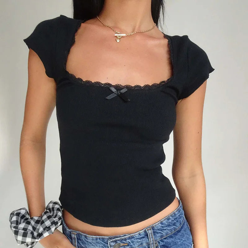 Square Neck Short Sleeve Tee Shirt White Milkmaid Crop Top