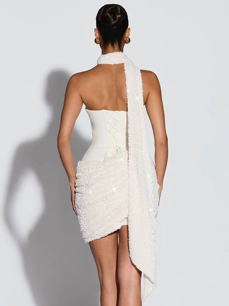 Strapless Back Lace-up Scarf Sexy Mini Dress