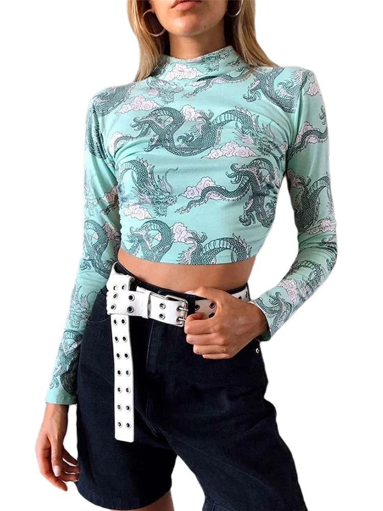 Women's Dragon Pattern Crop T-shirt Long Sleeve Backless Sexy Tee Elastic Skinny Top