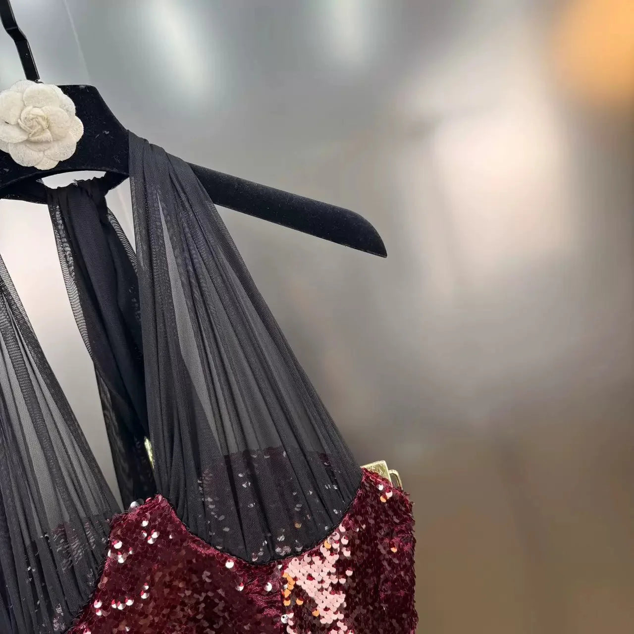 Red Sequins Halter Evening Dress
