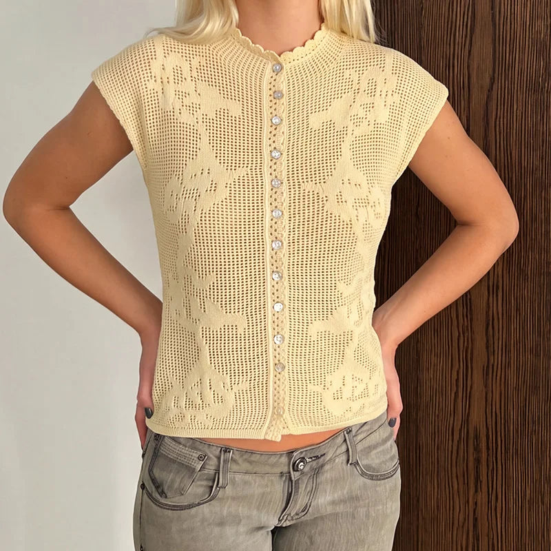 Hollow Floral Knit Cardigan Casual Button Front Slim Fit Cropped Top