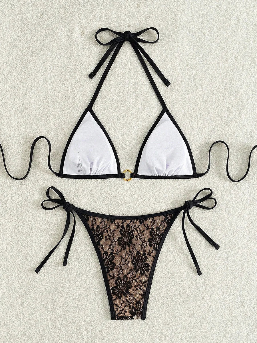 Embroidery Mesh Lace Halter High Cut Bikini