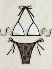Embroidery Mesh Lace Halter High Cut Bikini