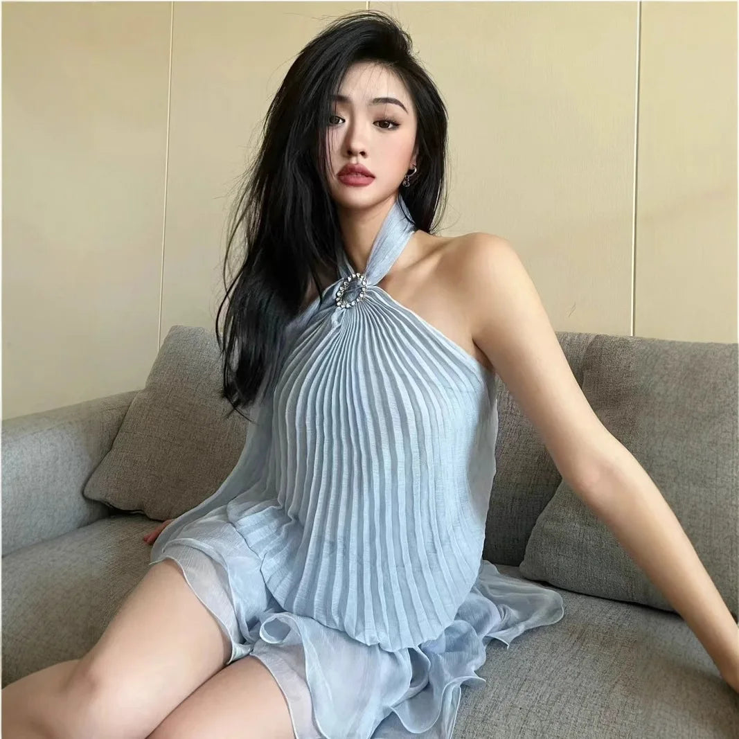 Womens Solid Color Elegant Pleated Halter Ribbon Mini Dress