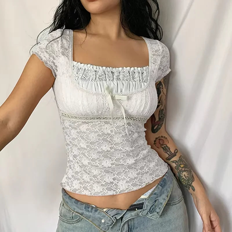 Y2K Fairycore Blue Floral Lace Milkmaid Tank Tops