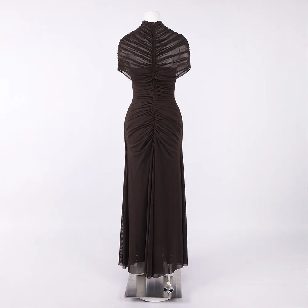 Crew Neck Sheer Mesh Smocked Tiered Hollow Out Long Prom Dress