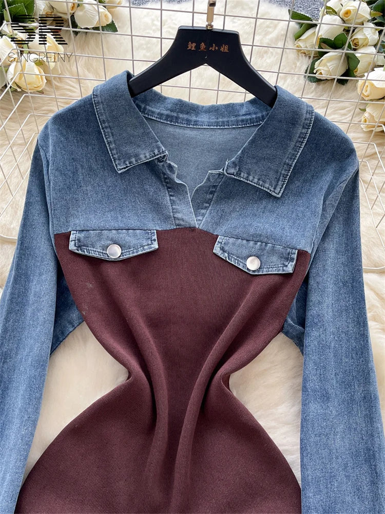 Retro Denim Splice Knit Dress