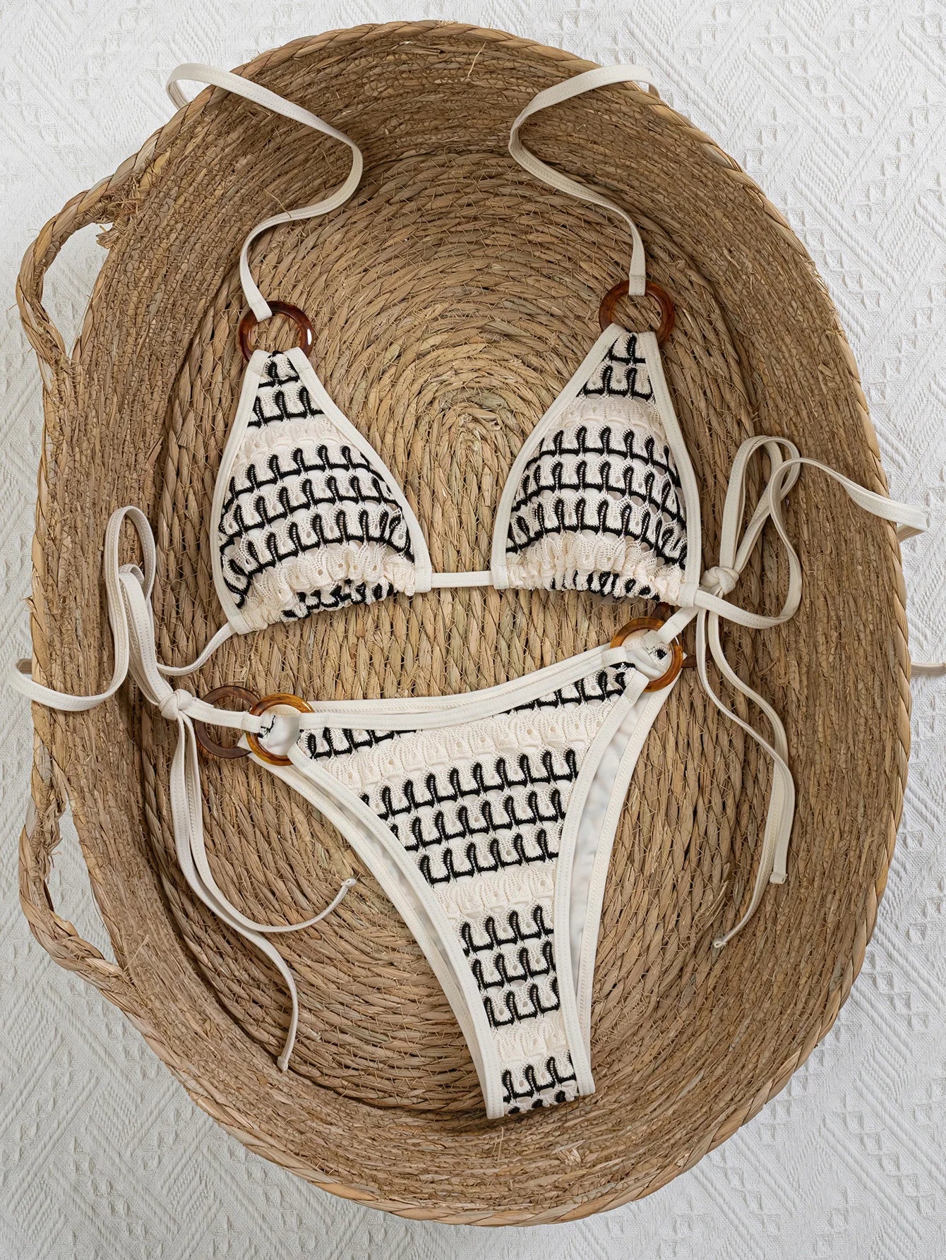 Sexy Beige Knitted Striped Bikini Set
