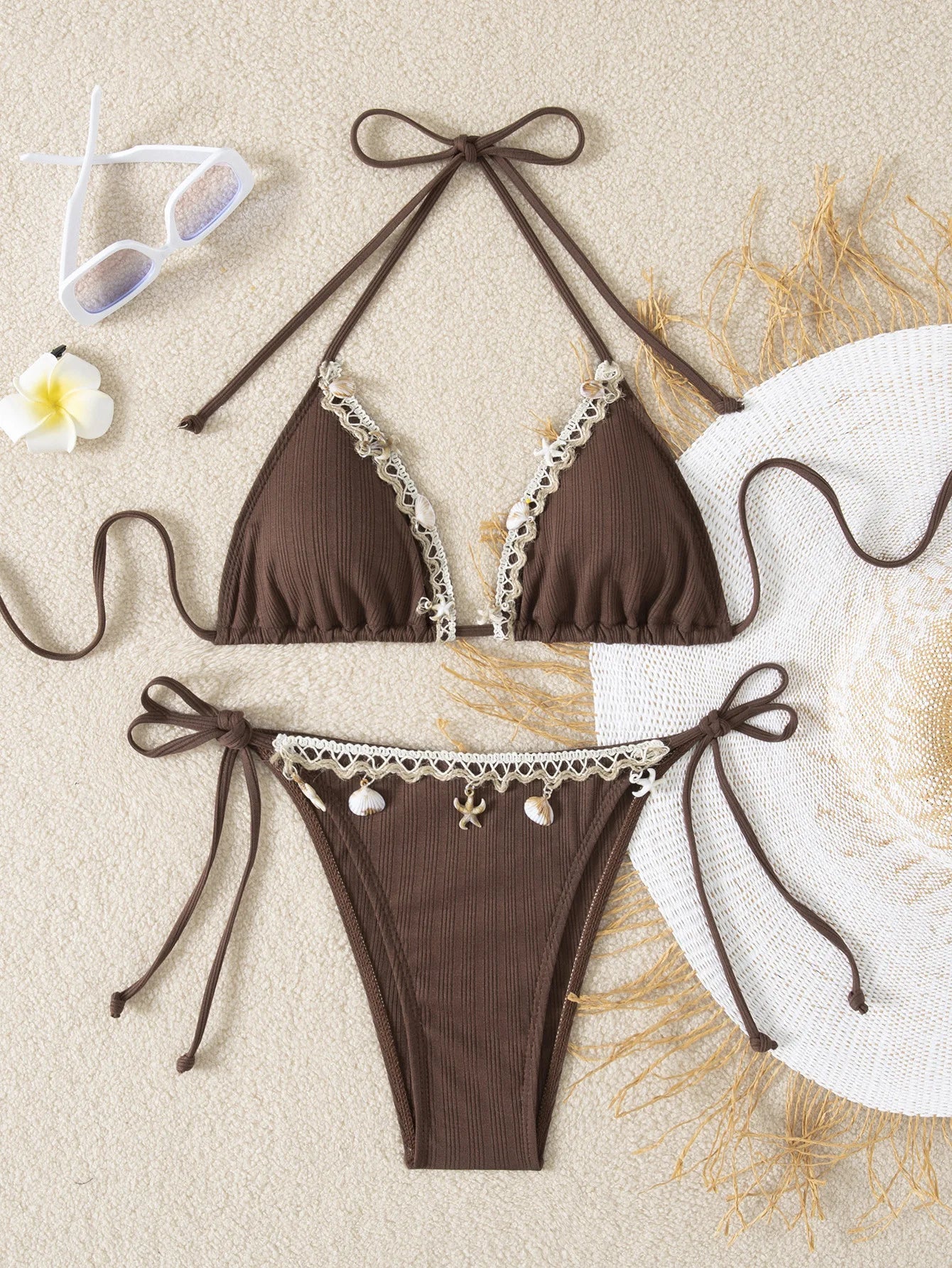 Shell Decoration Ribbed Halter Strappy Bikini
