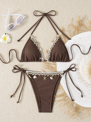 Shell Decoration Ribbed Halter Strappy Bikini