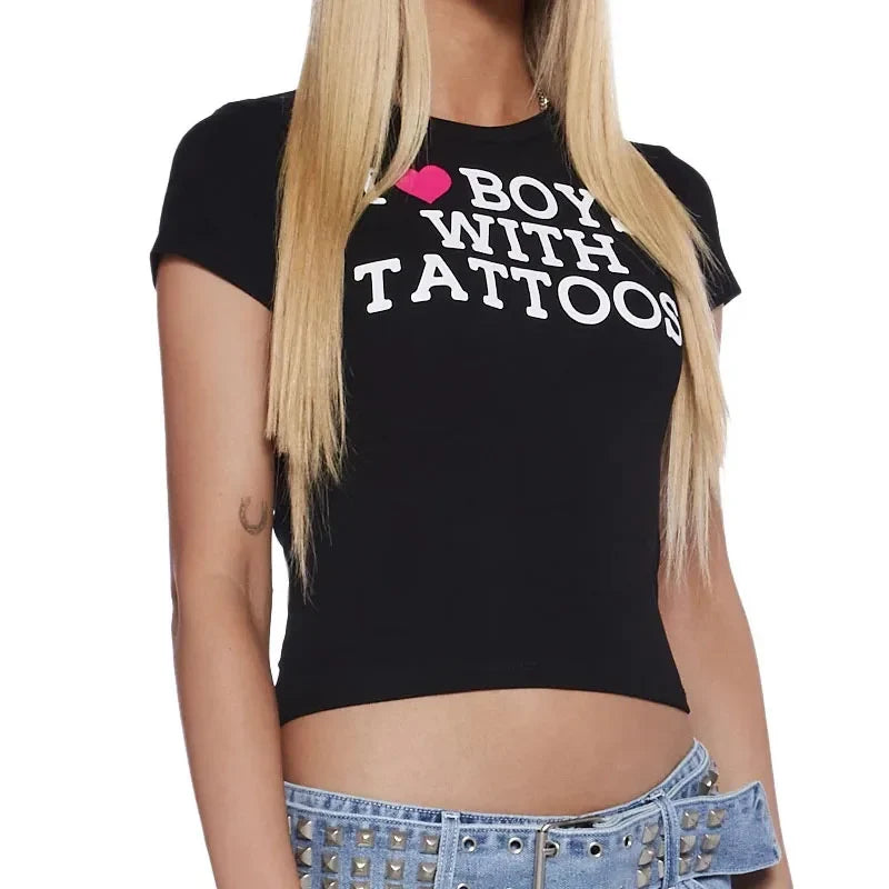 Aesthetic Letter Print Graphics Goth Casual Short Sleeve T shirt 2000s grunge Harajuku Streetwear Slim Y2k Crop Top