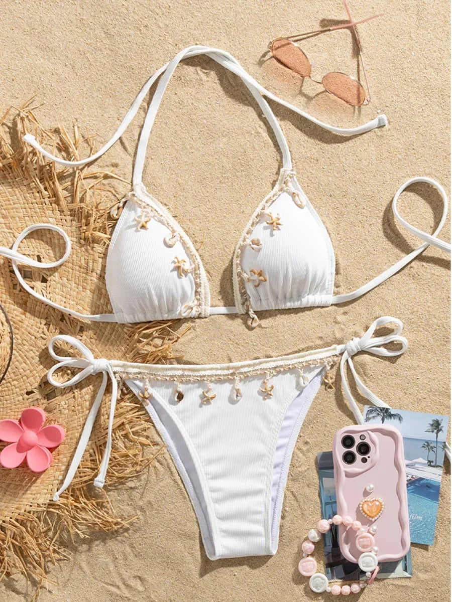 Shell Decoration Ribbed Halter Strappy Bikini