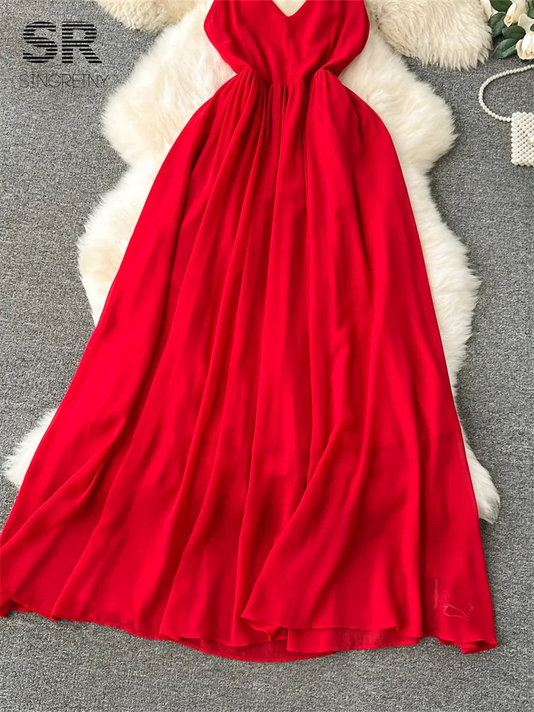 Backless Red Vacation Maxi Dress