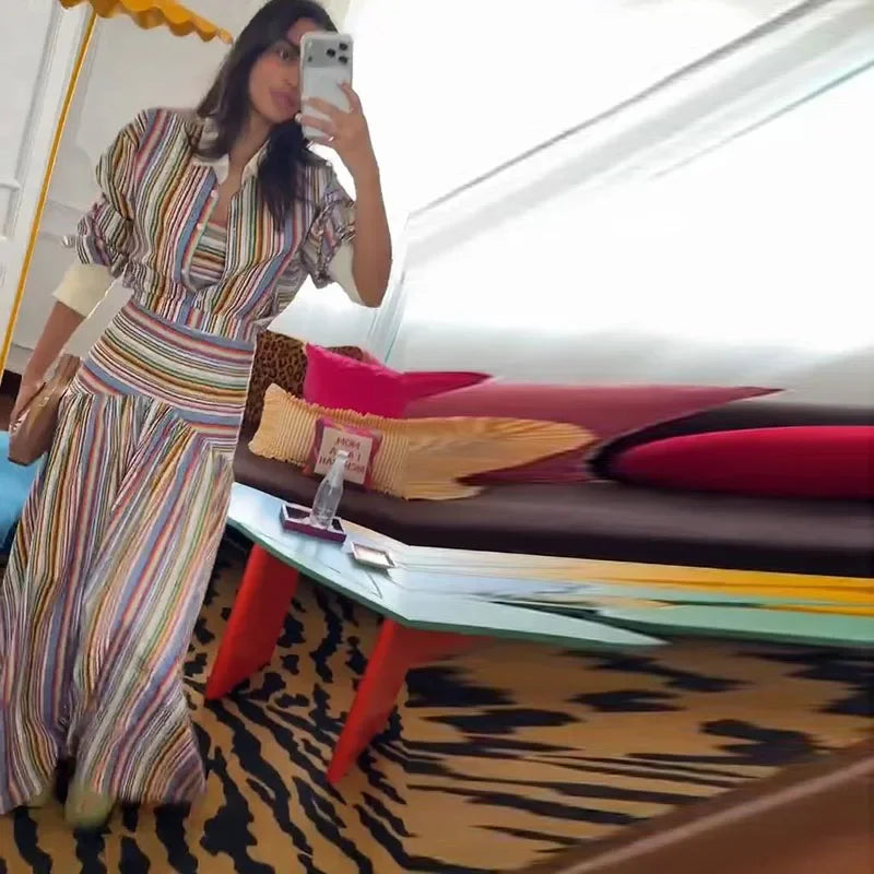 Boho Colorful Stripe Skirt Set Turn Down Collar Single Breasted Long Sleeve Shirt Fitted Waist Flowy Skirts Outfits