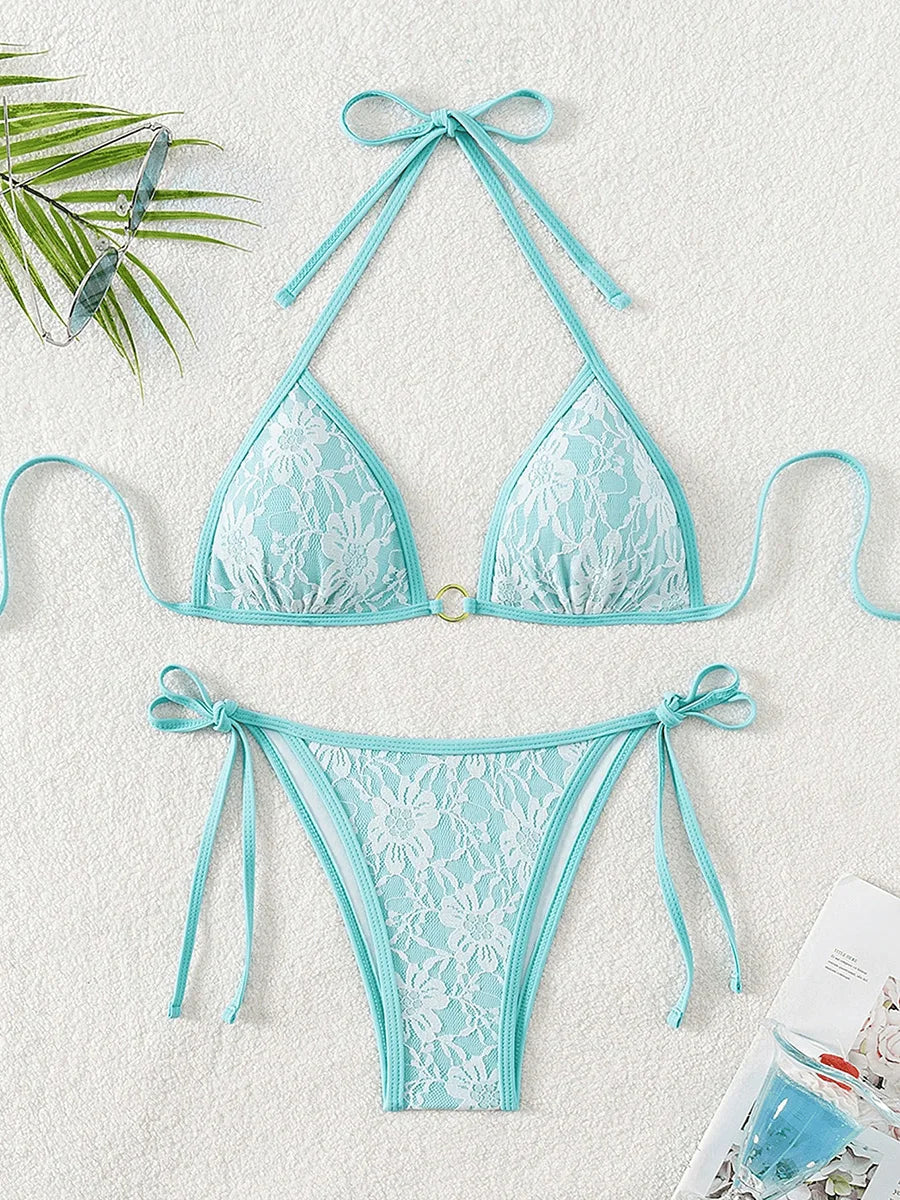 Embroidery Mesh Lace Halter High Cut Bikini