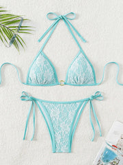 Embroidery Mesh Lace Halter High Cut Bikini