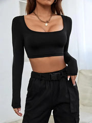 Autumn Winter Women's Sports Leisure Short Knitted High Elastic Long Sleeve T-shirt Top